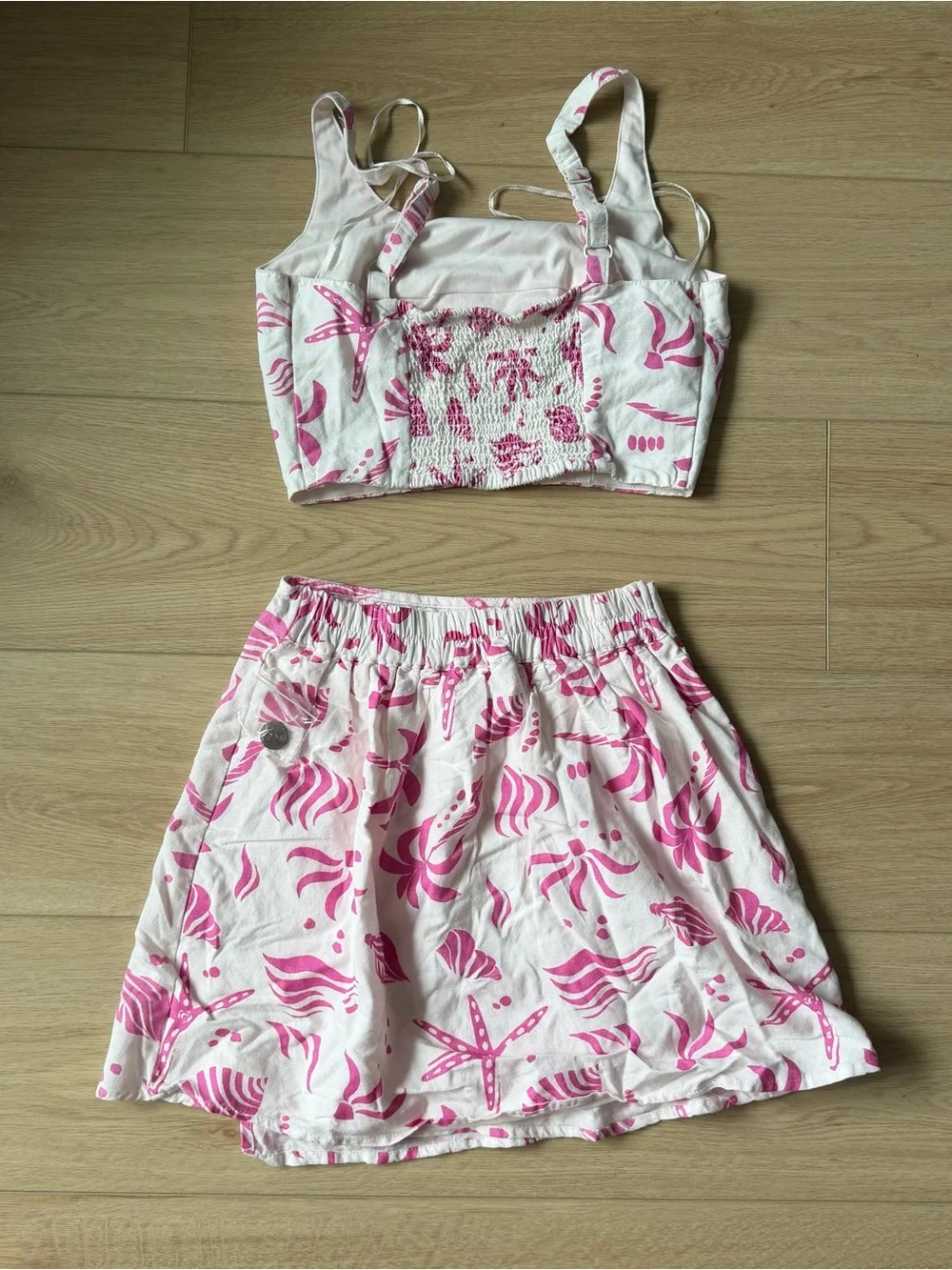 Two-Piece Pink & White Tropical Crop Top & Skirt Matching Set